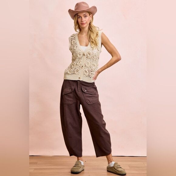 BiBi Women's Washed Terry Lounge Pants with Pockets & Jogger Style Brown